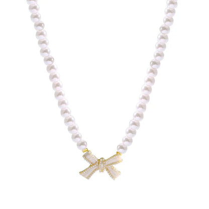 Beaded Pearl Bow Necklace - Veinci