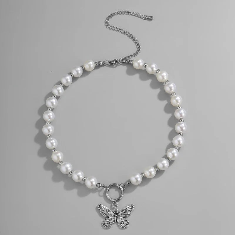 Beaded Pearl Butterfly Pendant Choker Necklace - Veinci