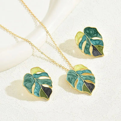 Boho Leaf Necklace and Earrings Set - Veinci