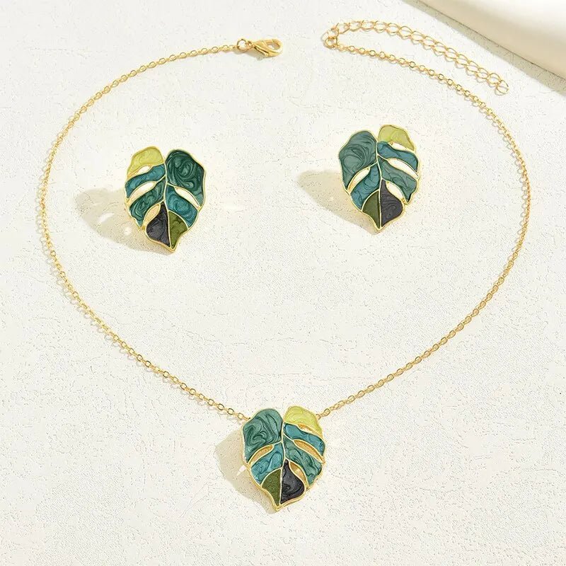 Boho Leaf Necklace and Earrings Set - Veinci