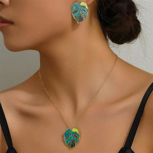 Boho Leaf Necklace and Earrings Set - Veinci