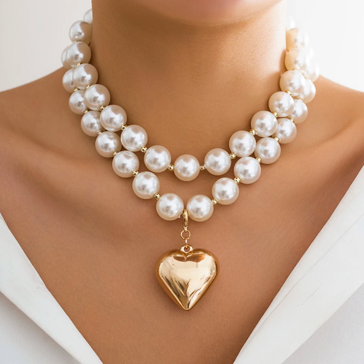 Bold Statement Pearl Layered Heart Necklace - Veinci