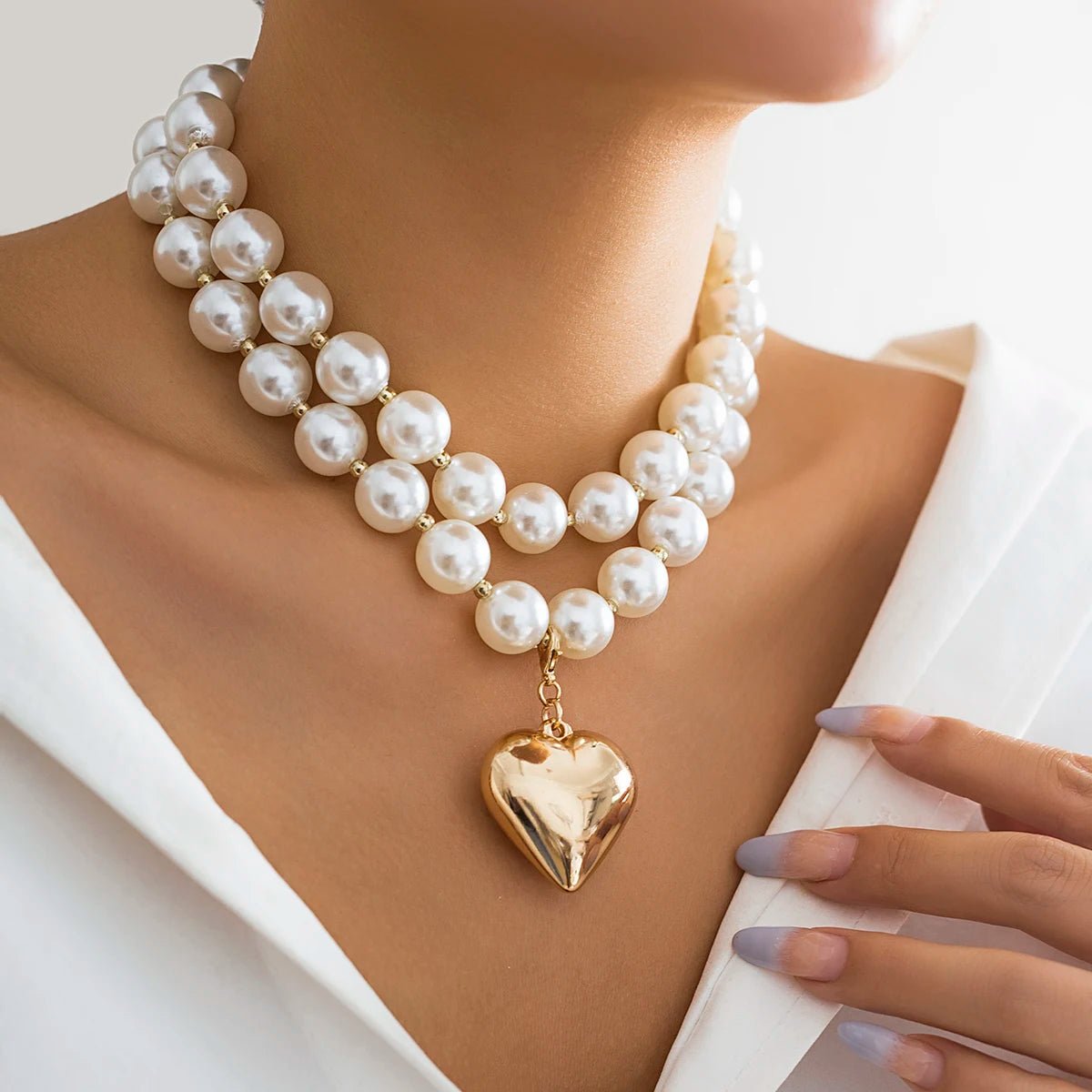 Bold Statement Pearl Layered Heart Necklace - Veinci