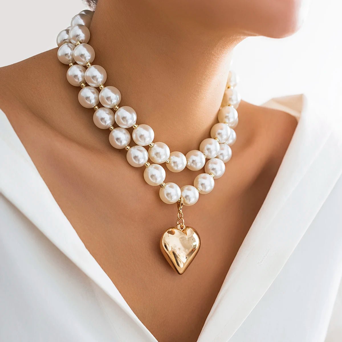 Bold Statement Pearl Layered Heart Necklace - Veinci