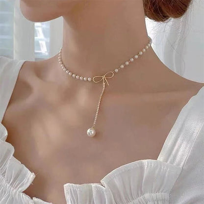 Bow Pearl Drop Choker Necklace - Veinci