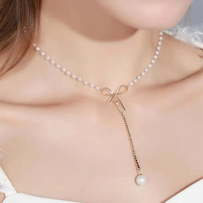 Bow Pearl Drop Choker Necklace - Veinci