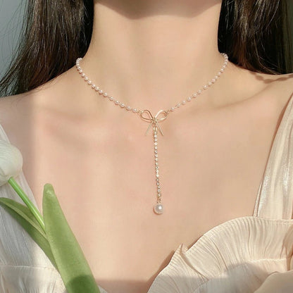 Bow Pearl Drop Choker Necklace - Veinci