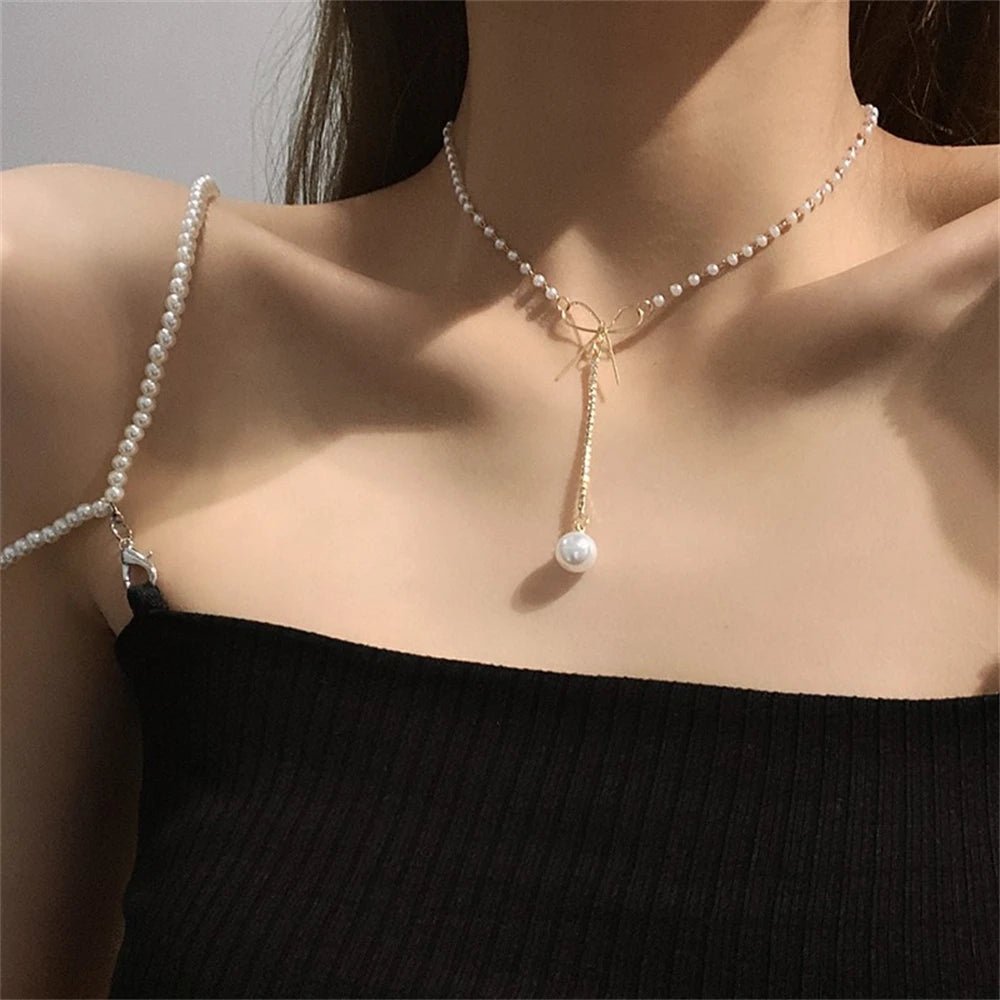 Bow Pearl Drop Choker Necklace - Veinci