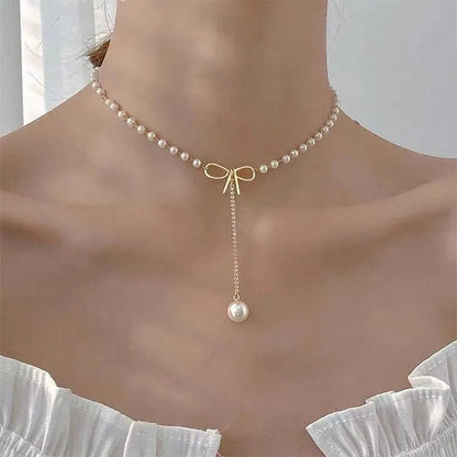 Bow Pearl Drop Choker Necklace - Veinci