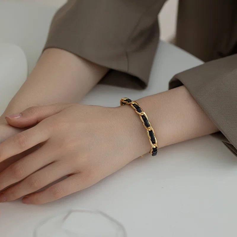 Braided Gold and Black Chain Leather Bracelet - Veinci