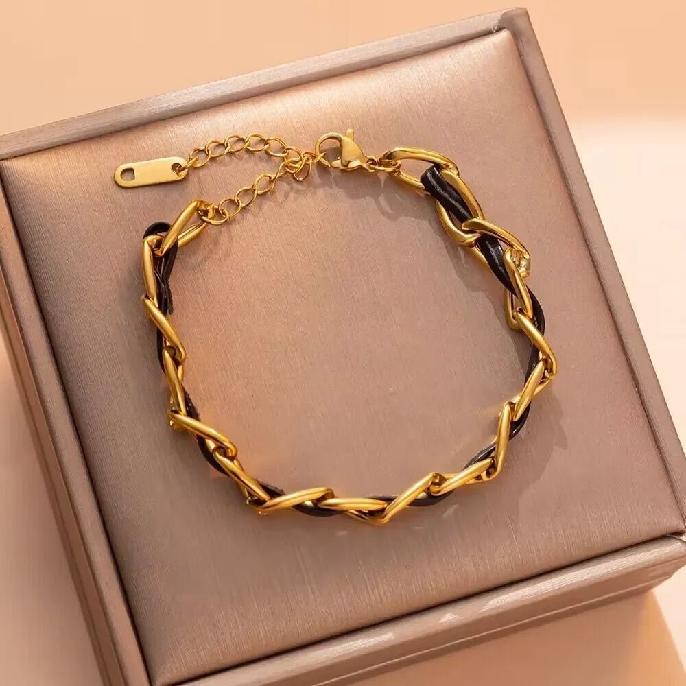 Braided Gold and Black Chain Leather Bracelet - Veinci