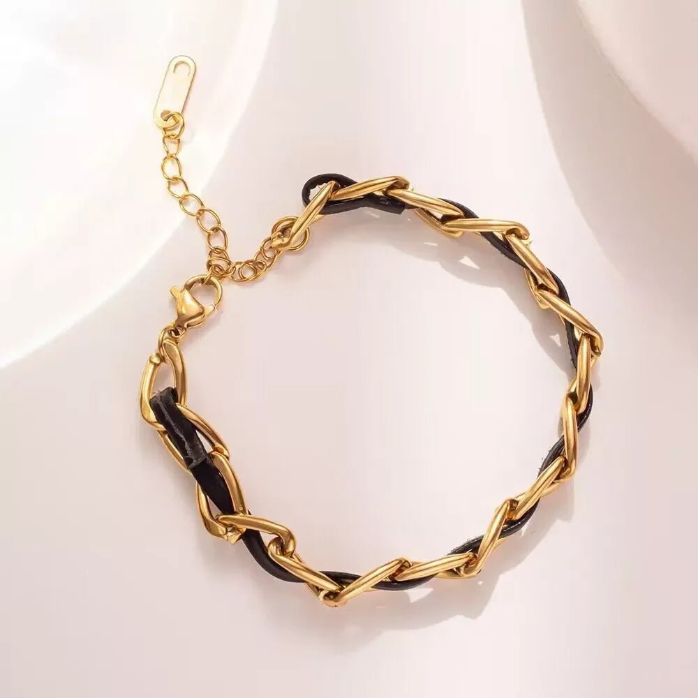 Braided Gold and Black Chain Leather Bracelet - Veinci