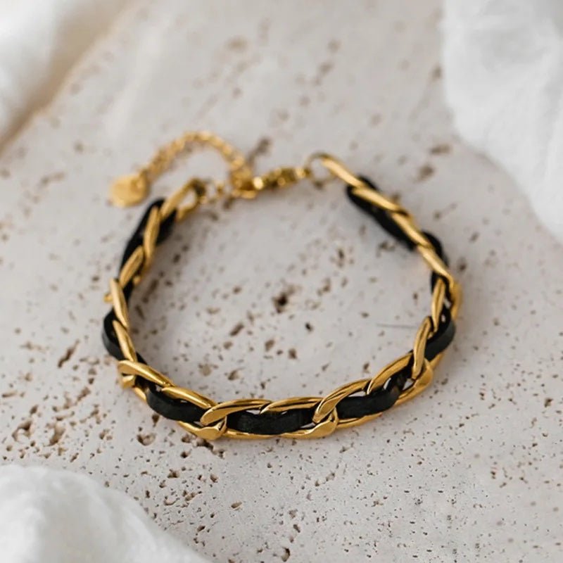 Braided Gold and Black Chain Leather Bracelet - Veinci