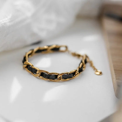 Braided Gold and Black Chain Leather Bracelet - Veinci