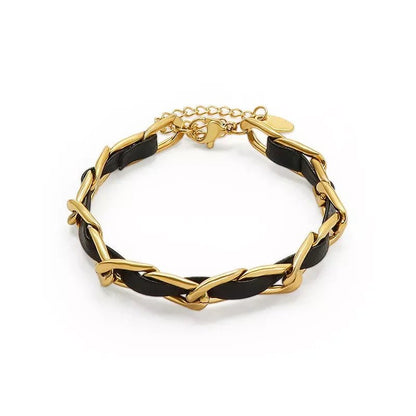 Braided Gold and Black Chain Leather Bracelet - Veinci