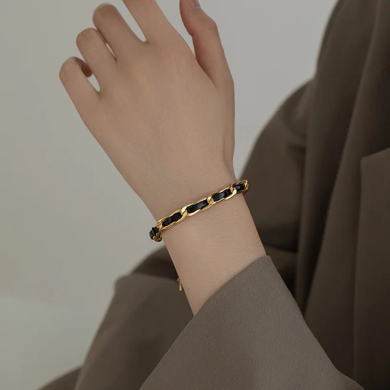 Braided Gold and Black Chain Leather Bracelet - Veinci