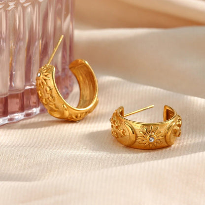 Chunky Astrology Embossed Hoop Earrings - Veinci