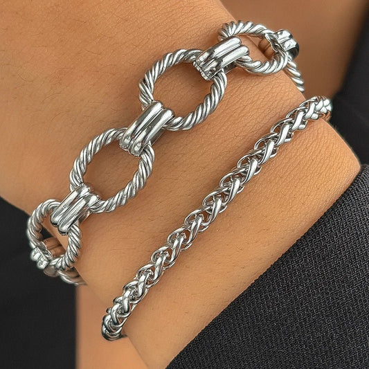 Chunky Paperclip & Weave Chain Bracelet Set - Veinci