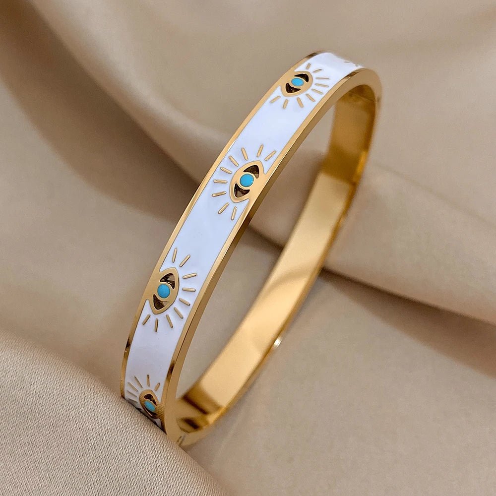 Classy Evil Eye White Enamel Bangle Bracelet - Veinci