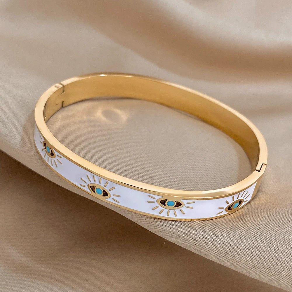 Classy Evil Eye White Enamel Bangle Bracelet - Veinci