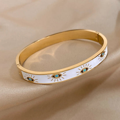 Classy Evil Eye White Enamel Bangle Bracelet - Veinci