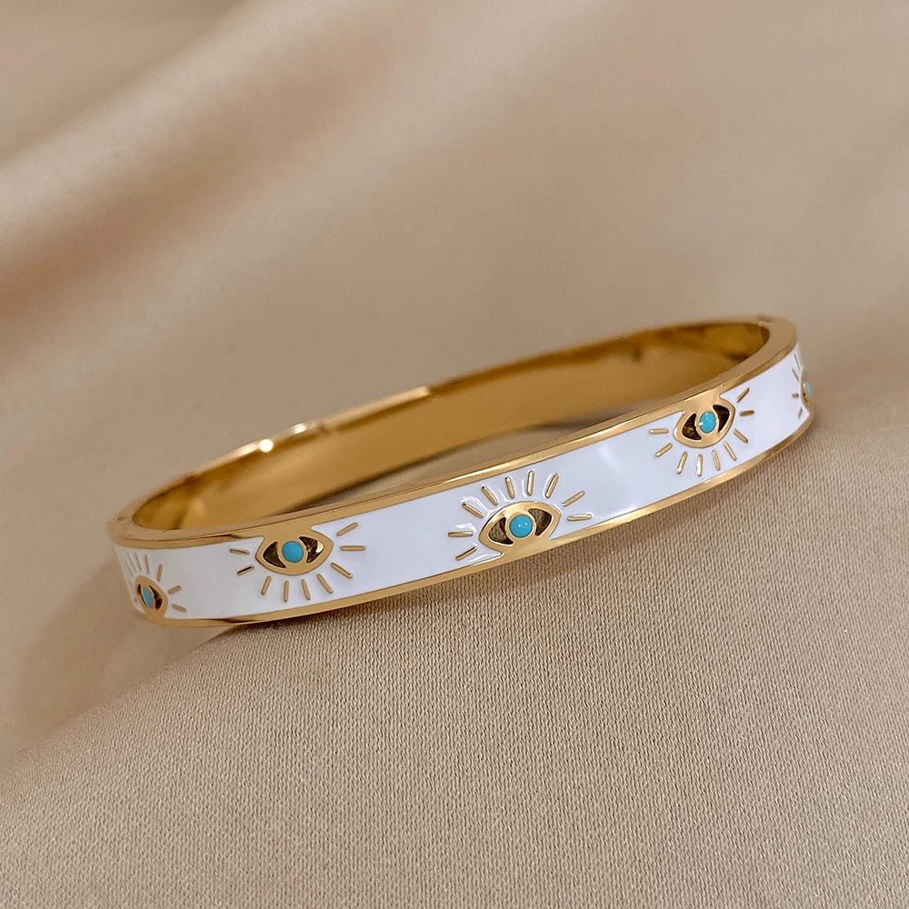 Classy Evil Eye White Enamel Bangle Bracelet - Veinci