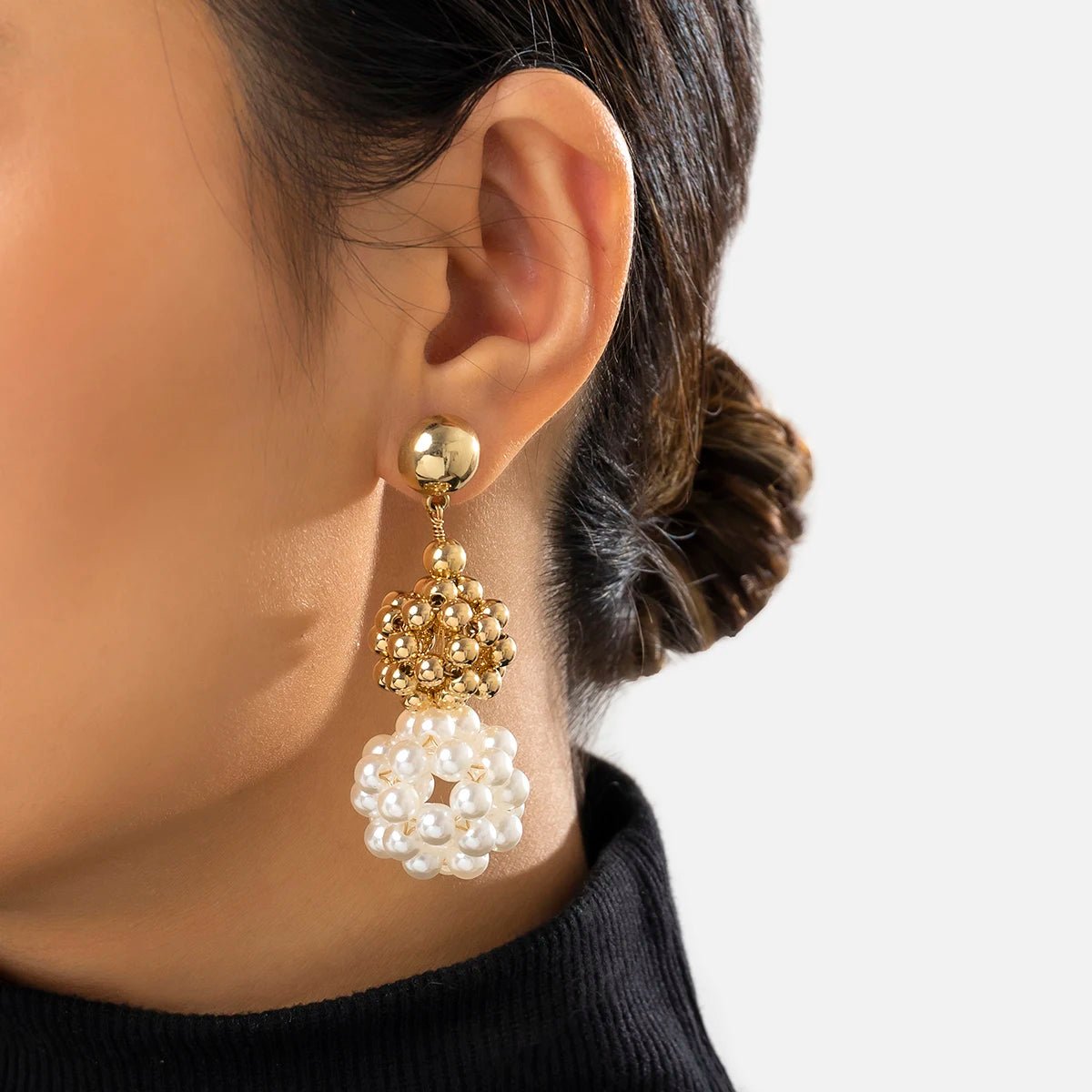 Classy Golden Pearl Disco Drop Earrings - Veinci