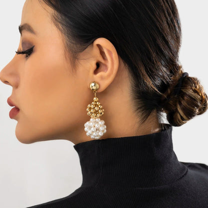 Classy Golden Pearl Disco Drop Earrings - Veinci