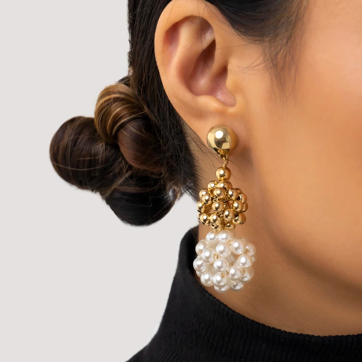 Classy Golden Pearl Disco Drop Earrings - Veinci