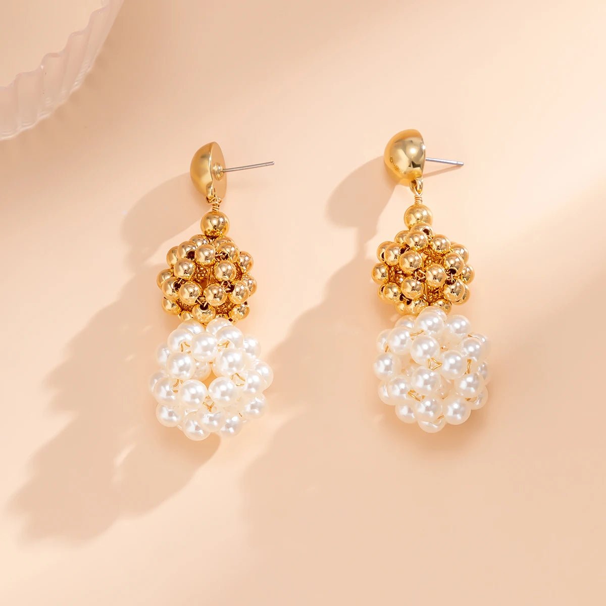 Classy Golden Pearl Disco Drop Earrings - Veinci