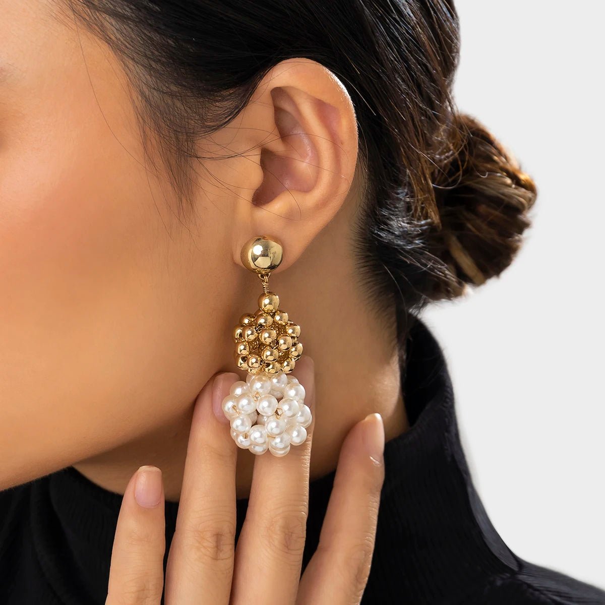 Classy Golden Pearl Disco Drop Earrings - Veinci
