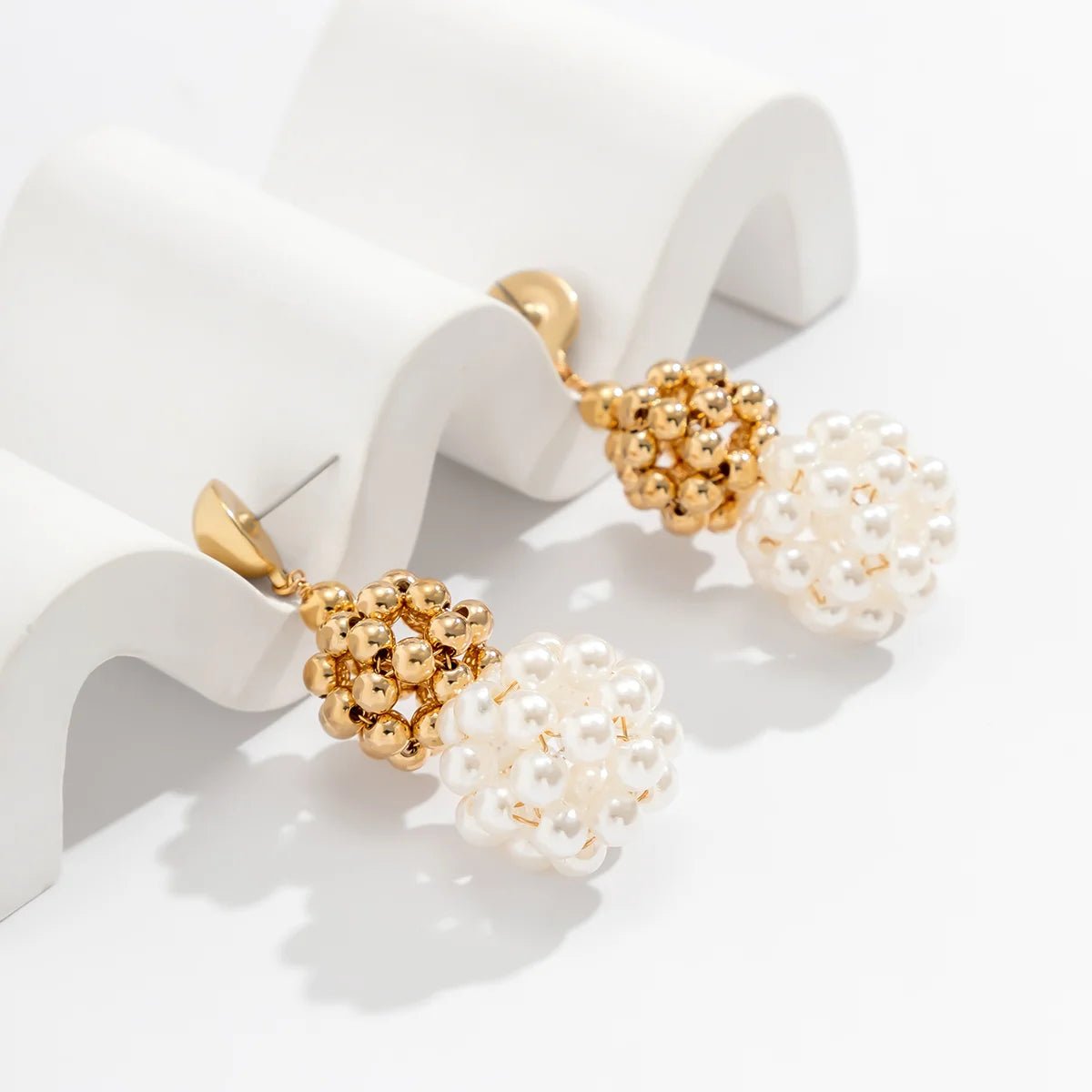 Classy Golden Pearl Disco Drop Earrings - Veinci