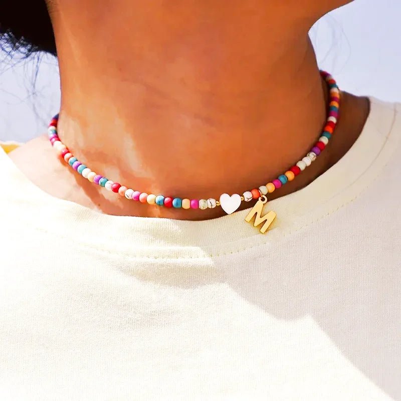 Colorful Beaded Initial Choker Necklace - Veinci