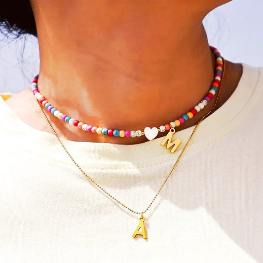 Colorful Beaded Initial Choker Necklace - Veinci