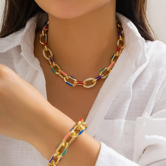 Colorful Chain Bracelet and Necklace Set - Veinci
