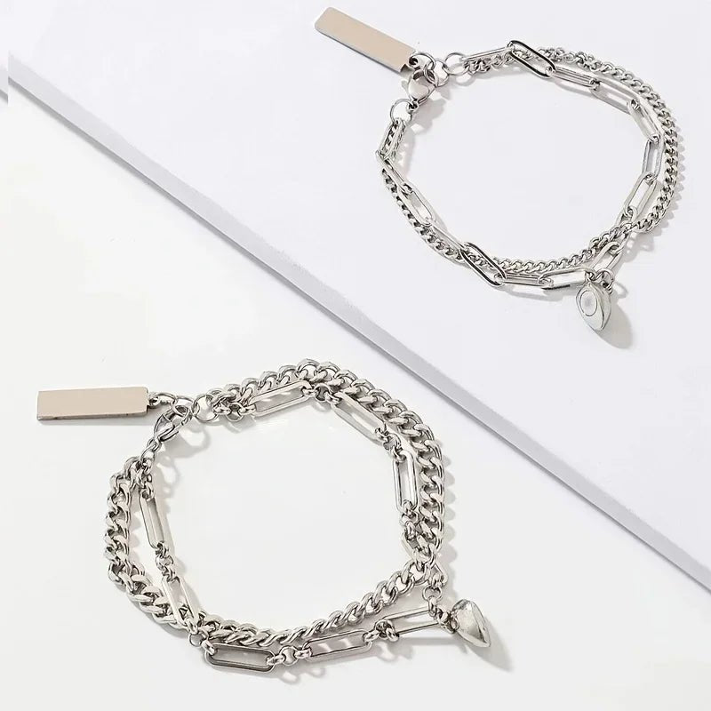 Couples Magnetic Heart Cuban & Paperclip Chain Bracelet Set - Veinci