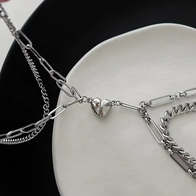 Couples Magnetic Heart Cuban & Paperclip Chain Bracelet Set - Veinci