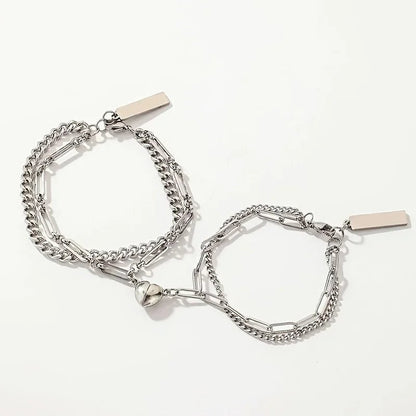 Couples Magnetic Heart Cuban & Paperclip Chain Bracelet Set - Veinci