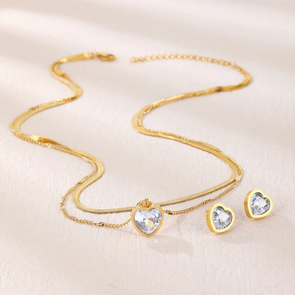 Crystal Heart Stacked Necklace and Earrings Set - Veinci