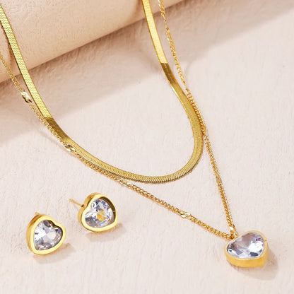 Crystal Heart Stacked Necklace and Earrings Set - Veinci