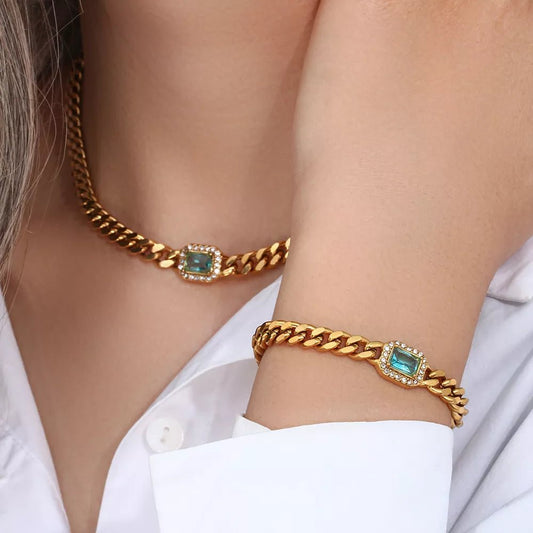 Cuban Chain Square Cut Diamond Choker and Bracelet - Veinci