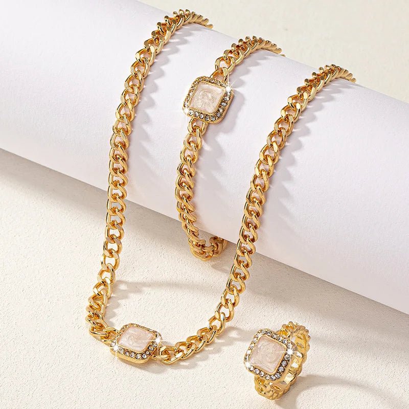 Cuban Square Diamond Necklace, Bracelet, and Ring Set - Veinci