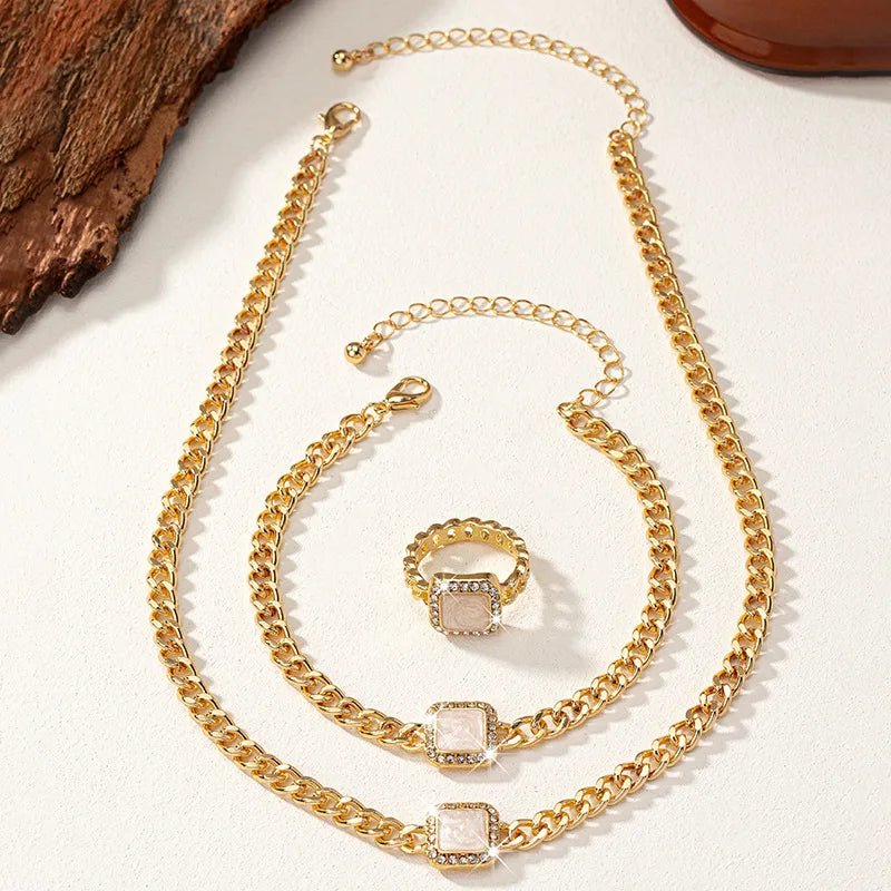 Cuban Square Diamond Necklace, Bracelet, and Ring Set - Veinci