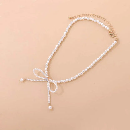 Dainty Beaded Pearl Bow Choker Necklace - Veinci