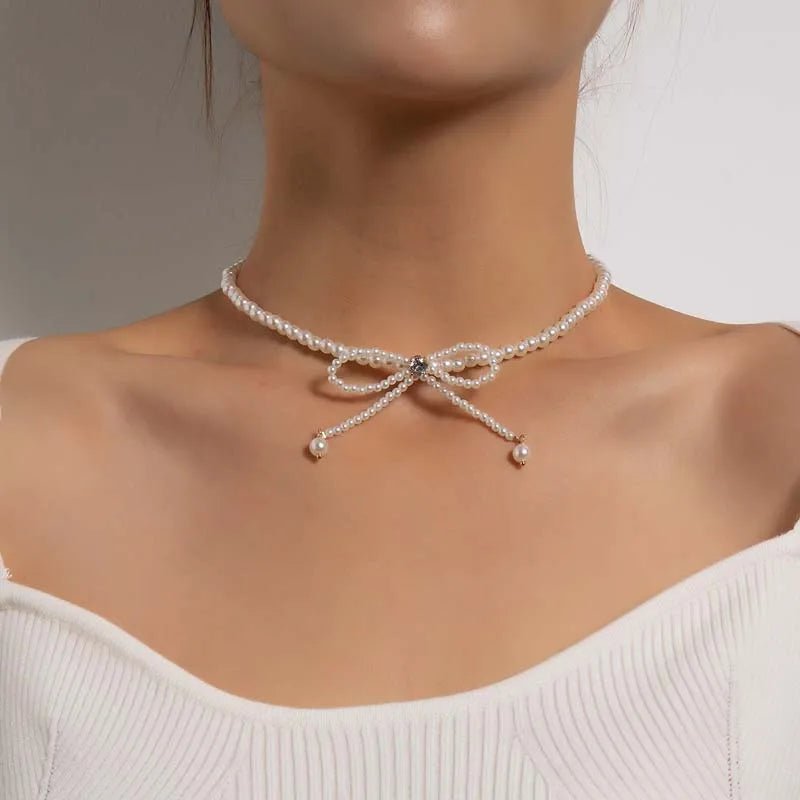 Dainty Beaded Pearl Bow Choker Necklace - Veinci