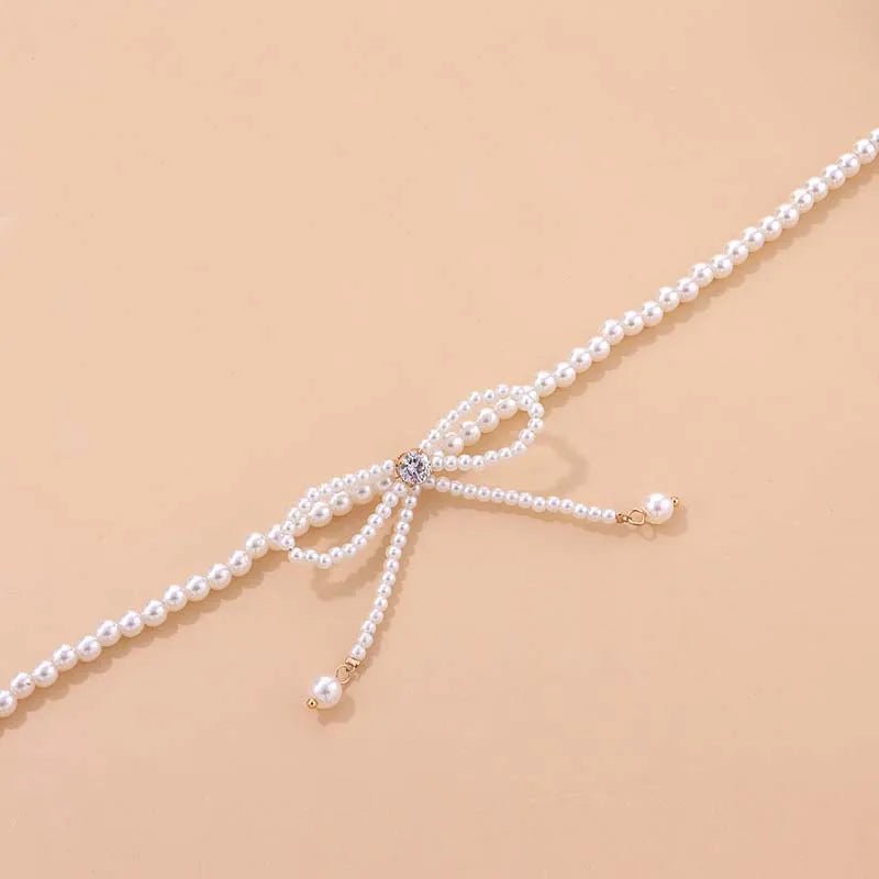 Dainty Beaded Pearl Bow Choker Necklace - Veinci