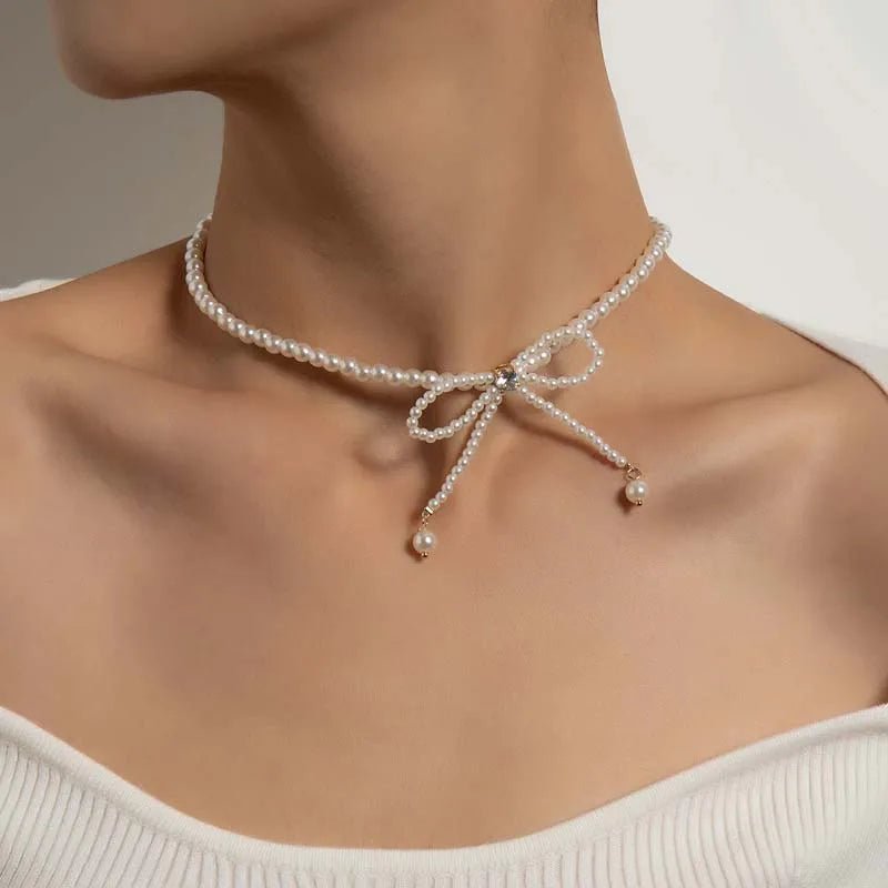 Dainty Beaded Pearl Bow Choker Necklace - Veinci