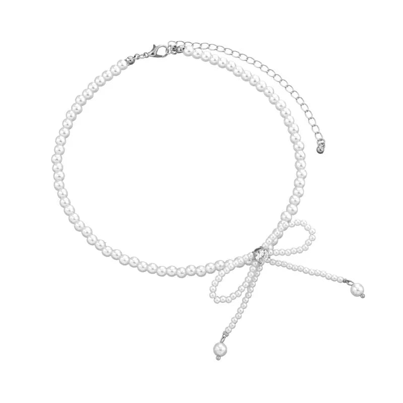 Dainty Beaded Pearl Bow Choker Necklace - Veinci