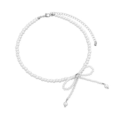 Dainty Beaded Pearl Bow Choker Necklace - Veinci