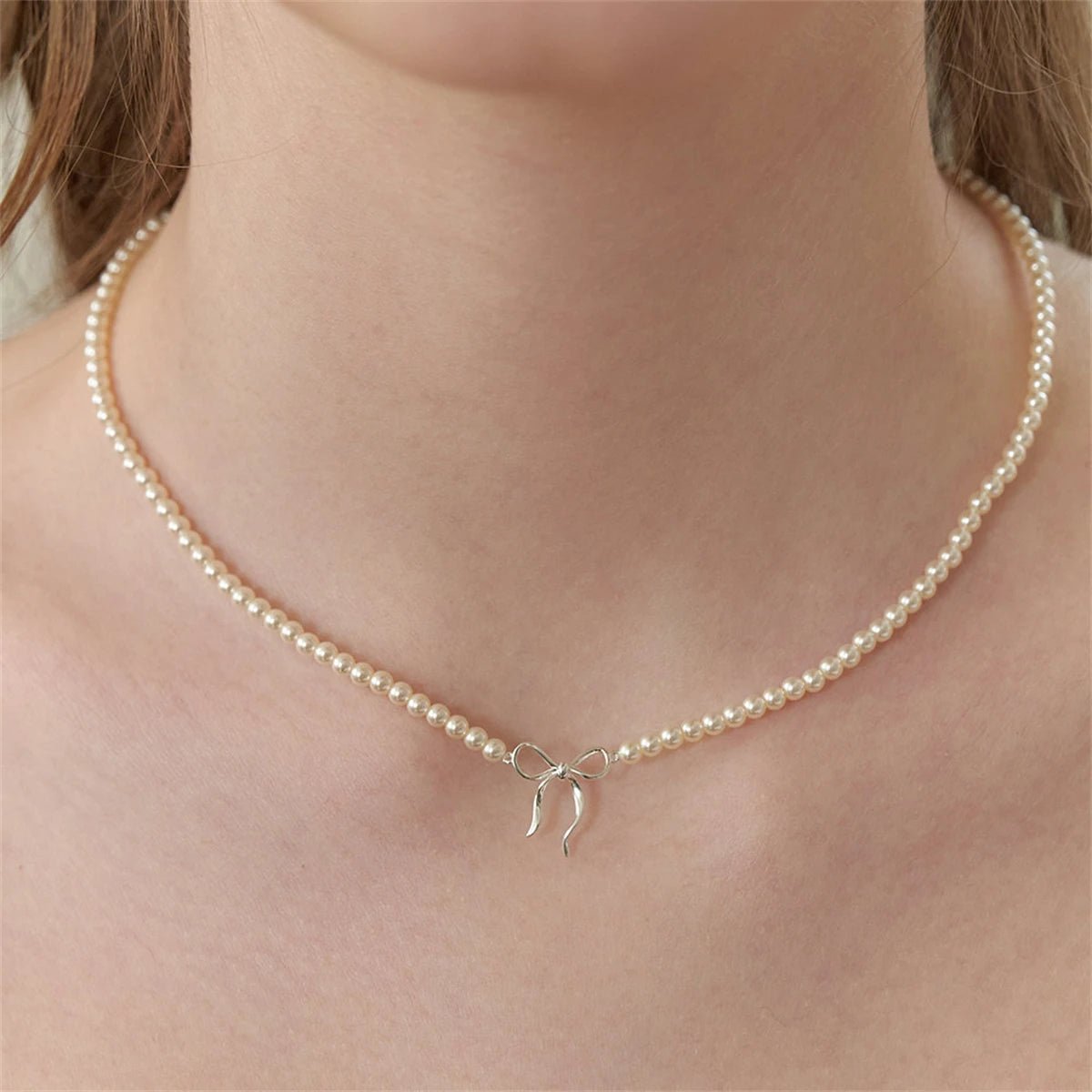 Dainty Beaded Pearl Bow Feminine Choker Necklace - Veinci